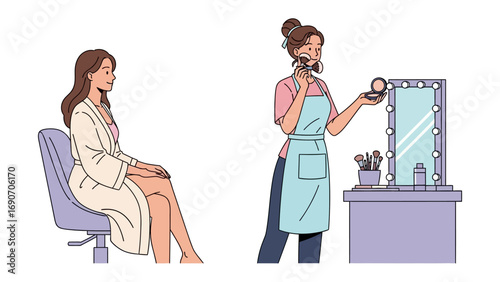 Professional makeup artist applying cosmetics to a seated client in a beauty salon with a lighted vanity mirror