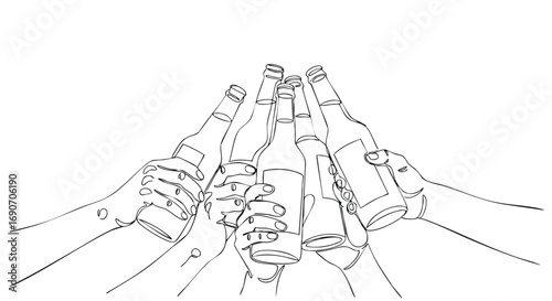 A group of hands holding up bottles in a celebratory toast, depicted in a minimalist line art style.
