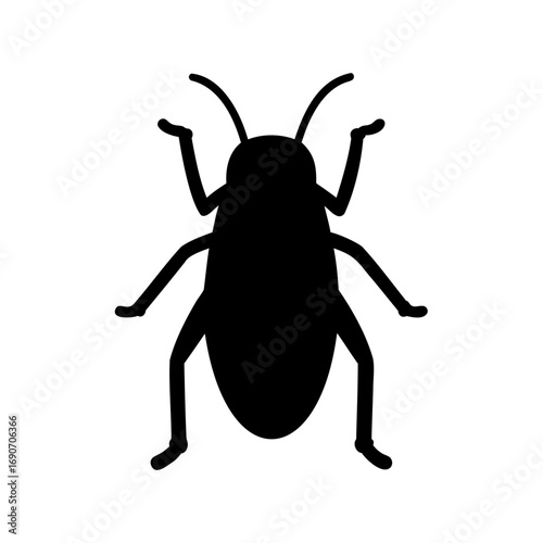Black silhouette of a cockroach with antennae and six legs on white