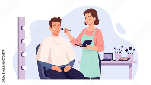 Professional makeup artist applying foundation to a male client s face with a brush in a beauty salon setting