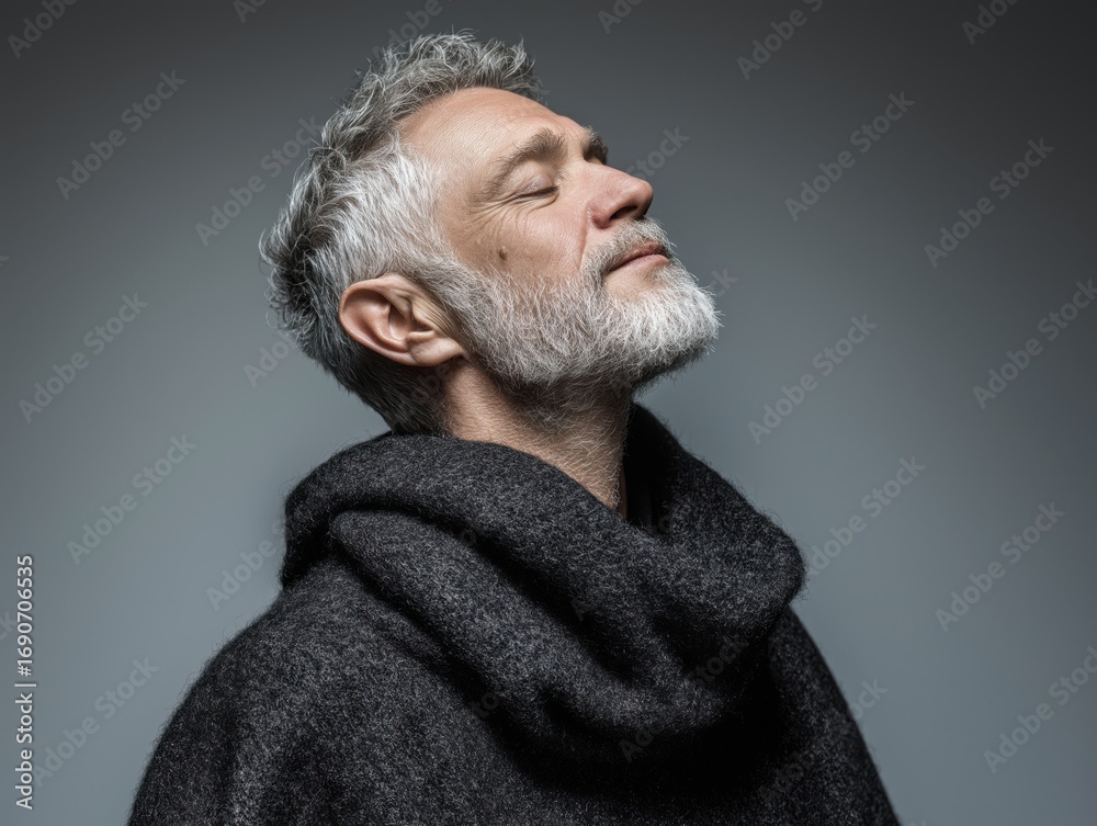 Obraz premium Peaceful mature man with grey beard and hair, eyes closed, head tilted back, embracing calm and serenity