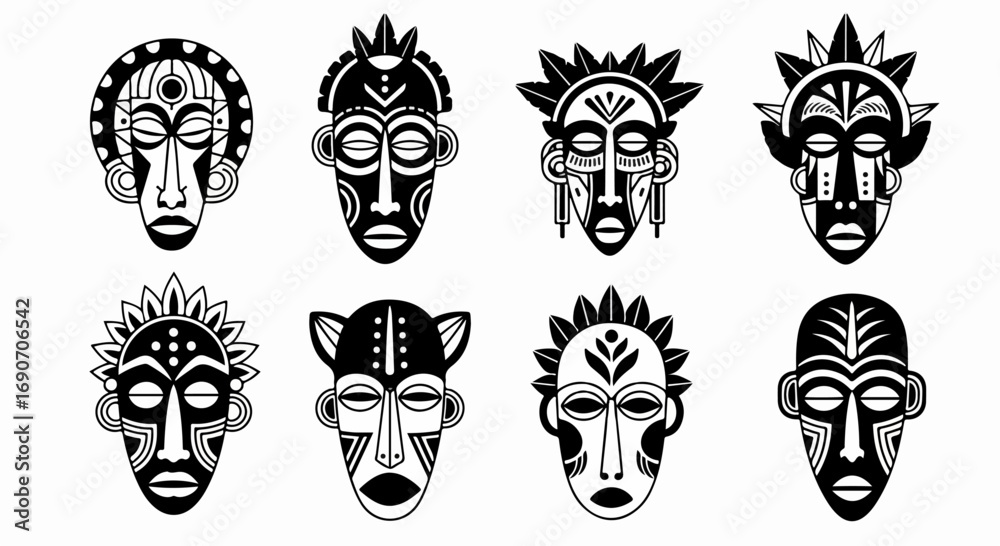 Fototapeta premium African tribal masks in black and white, cultural art.