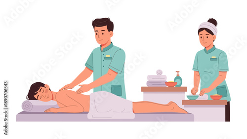 Professional male and female massage therapists providing relaxing spa treatments to a client on a massage table in a serene wellness center