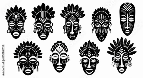 Collection of African Tribal Masks in Black and White.