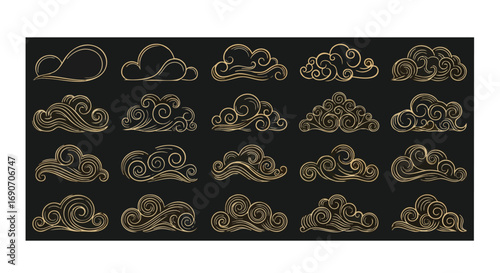 Collection of decorative gold cloud designs on a dark background.