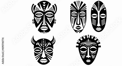 Collection of African tribal masks with geometric patterns.