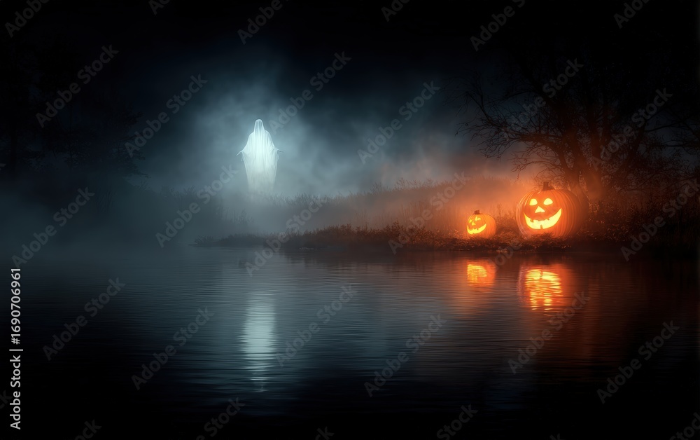 Fototapeta premium A dark forest with a ghost and two pumpkins