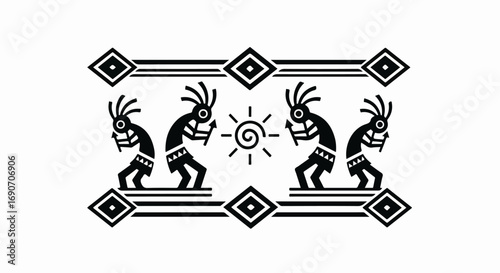 Kokopelli figures with sun symbol and geometric border.