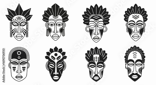 Set of Eight Traditional African Tribal Masks in Monochrome.