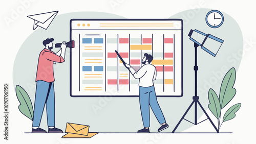 Two colleagues collaborating on a project schedule using a large digital calendar, one taking notes and the other 