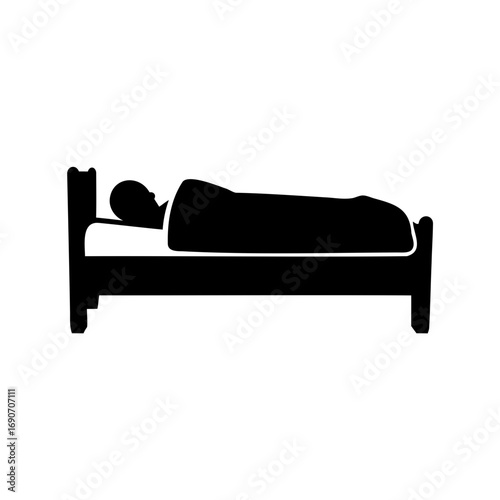 Black silhouette illustration of a person sleeping in a bed with blanket