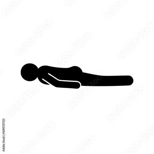 Human figure lying prone on the ground in a basic yoga pose