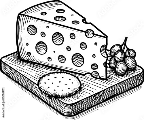 A black and white drawing shows a cheese wedge with holes on a wooden board, paired with grapes and a cracker, providing a simple food illustration.