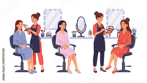 Two professional makeup artists applying cosmetics to clients in a brightly lit beauty salon with mirrors and workstations