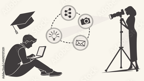 Silhouette illustration of a photographer and a student collaborating on a project showcasing concepts of photography networking ideation and online communication.