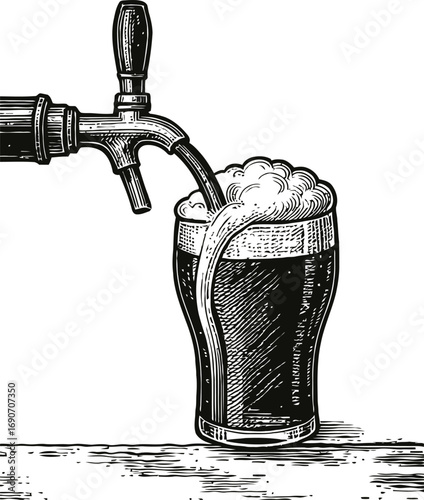 Monochrome illustration of generic drink pouring from a tap into a pint glass, creating foamy head. Vintage style image with detailed lines and textures reminiscent of classic engravings.
