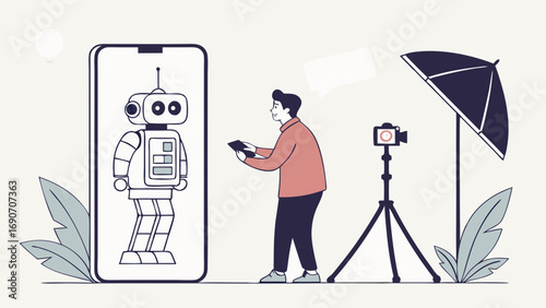 Smartphone App Robot Photography Studio Setup Digital Technology Futuristic Design Illustration.