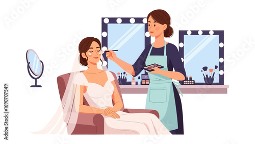 Bride receiving professional makeup application from a skilled makeup artist in a well lit dressing room before her wedding ceremony