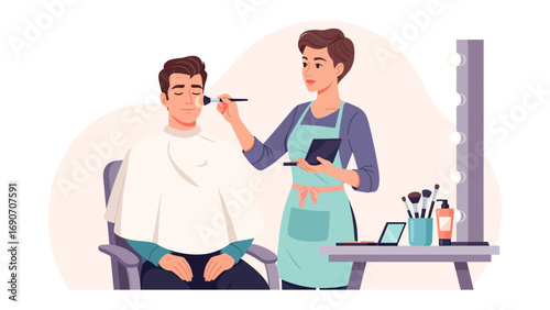 Professional makeup artist applying foundation to a male client with a brush in a bright studio setting