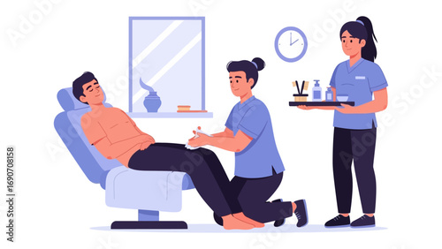 Skilled professional providing a relaxing massage treatment to a male client in a modern spa or therapy room with a nurse bringing supplies