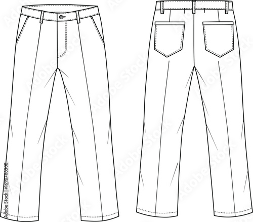 CAD drawing flat vector illustration of casual pants with belt loops, front and back pockets, zipper fly, straight leg cut, detailed stitching, fashion apparel template