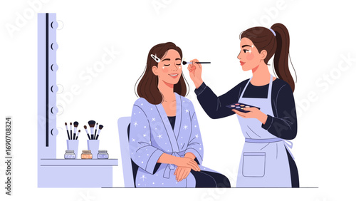 Professional makeup artist applying cosmetics to a woman s face in a bright modern beauty salon setting with tools