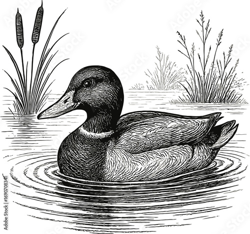 A detailed black and white illustration of a duck swimming in a pond surrounded by cattails showcasing intricate line work and simple vector graphic design.