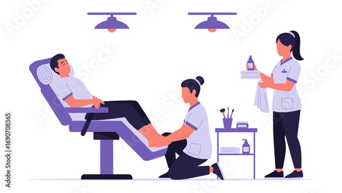 Professional pedicure service in a modern salon with two technicians attending to a relaxed male client in a comfortable reclining chair