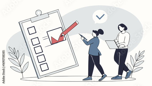 Teamwork checklist collaboration project management planning strategy business success task completion goal achievement deadline workflow efficiency productivity organization women female colleagues .