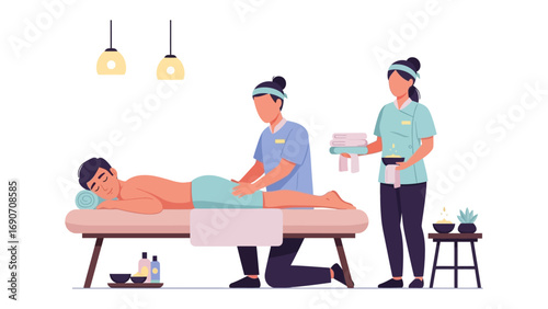 Professional massage therapist providing a relaxing back massage to a client lying on a massage table in a tranquil spa setting with soft lighting