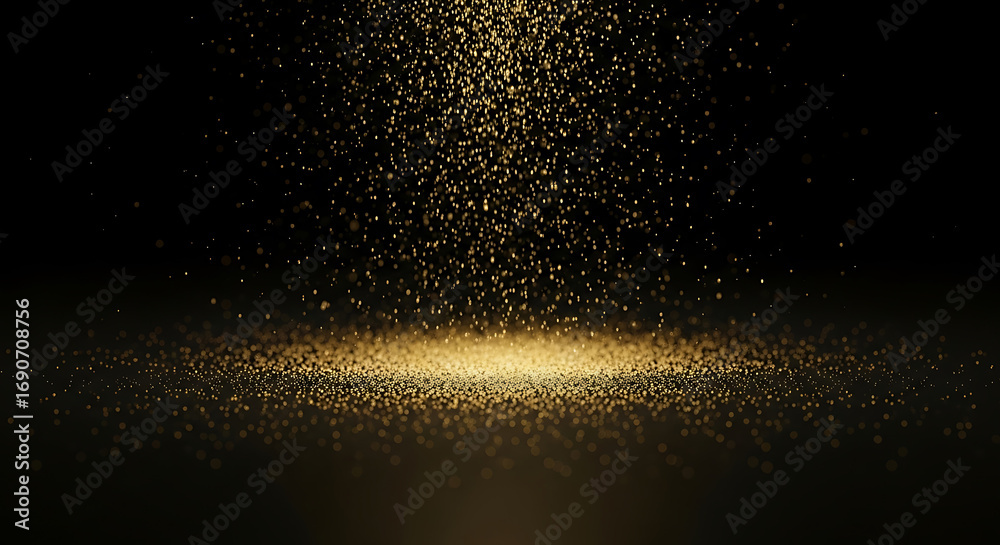 Obraz premium Golden glitter falling down onto dark surface with reflection