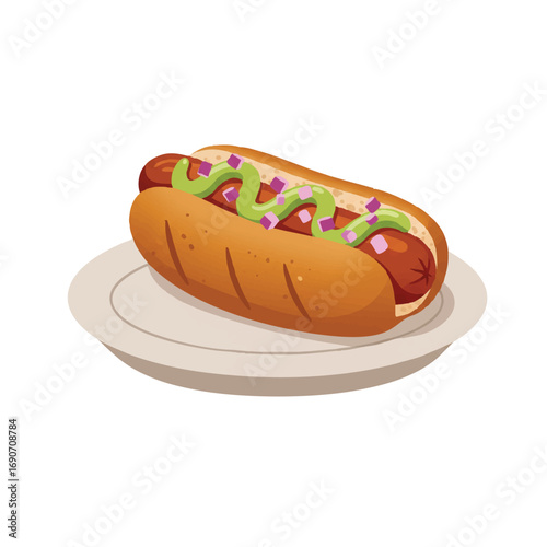 A delectable elevated hotdog topped with vibrant avocado crema and chopped red onion is artfully rendered in a clean 2D flat vector illustration on a pristine white background.