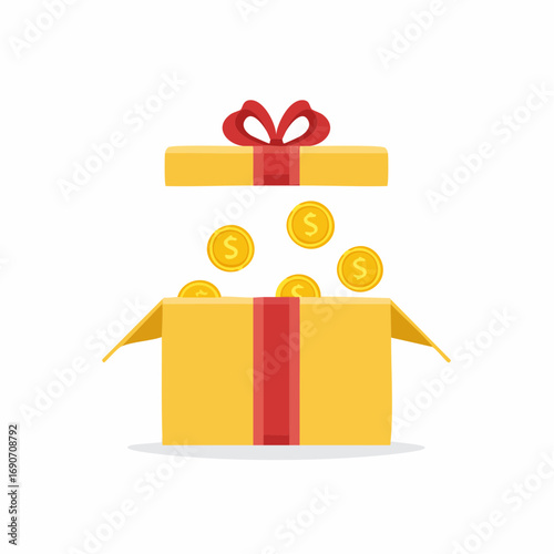 Open Gift Box with Coins Simple vector illustration of surprise reward