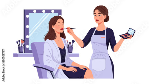 Professional makeup artist applying lipstick to a client in a beauty salon with a vanity mirror and makeup brushes