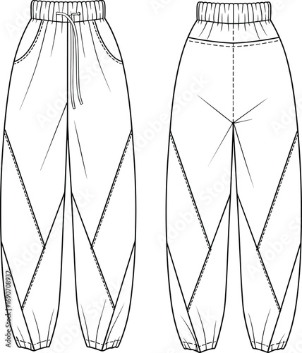 CAD drawing flat vector illustration of men's jogger pants with elastic waistband, drawstring, side pockets, tapered legs, cuffed ankles, casual wear, front and back view