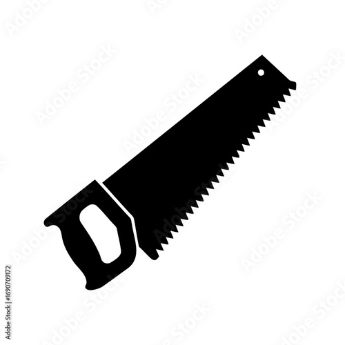 Silhouette image of a hand saw with sharp teeth and ergonomic handle