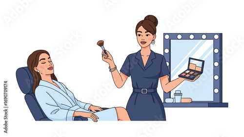 Professional makeup artist applying cosmetics to a client in a salon with a lighted vanity mirror and makeup products