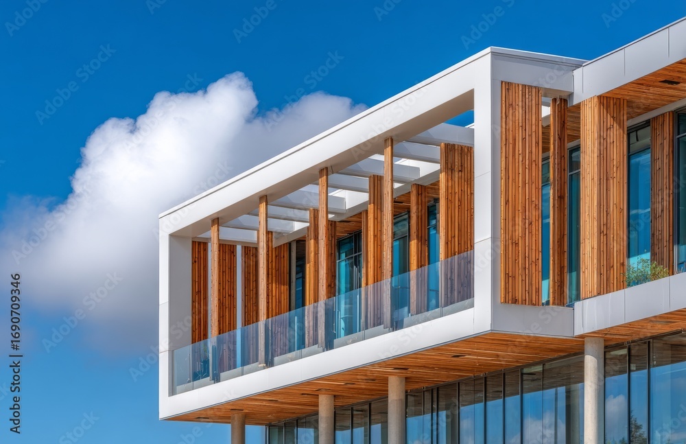 Fototapeta premium A modern architectural structure features an exterior with a wooden facade and glass windows, where natural wood contrasts with glass to exemplify contemporary urban design, and the building reflects