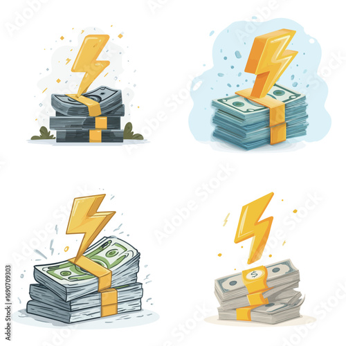 Colorful illustrations depict bundles of cash being struck by lightning in different artistic styles. Each illustration emphasizes both money and an energetic element of surprise.