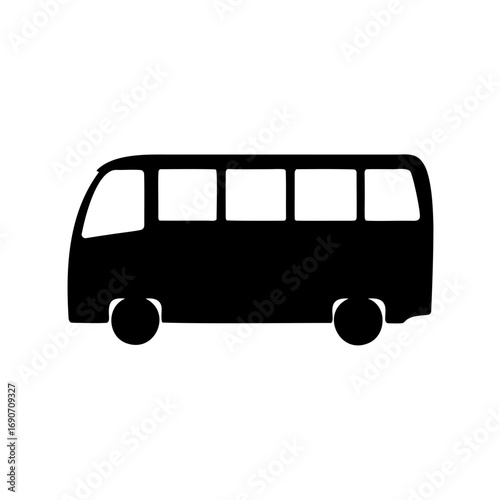 Black silhouette of a vintage minibus or passenger van on white background