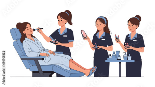 Professional makeup artists applying cosmetics to a client in a salon chair with beauty products and tools for a glamorous look