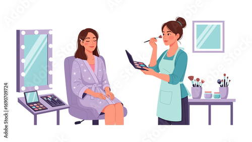 Professional makeup artist applying cosmetics to a client in a beauty salon with mirrors and brushes