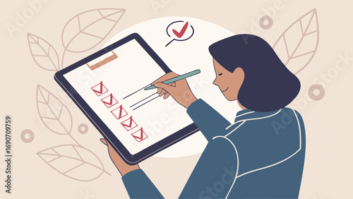 Woman completing checklist on tablet task management productivity goal achievement illustration.