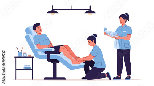 A male patient receives a foot massage and treatment from two female medical professionals in a modern clinic setting with specialized equipment