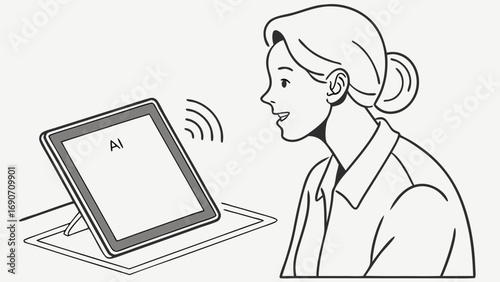 Woman using voice activated AI tablet smart home technology digital assistant modern communication simple line art illustration.
