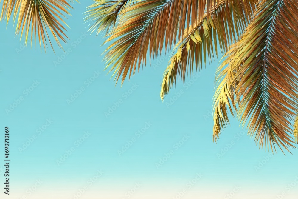 Fototapeta premium Against a turquoise sky and white wall, palm tree leaves stand out, embodying pastel colors and creative, colorful minimalism, with ample copy space for text