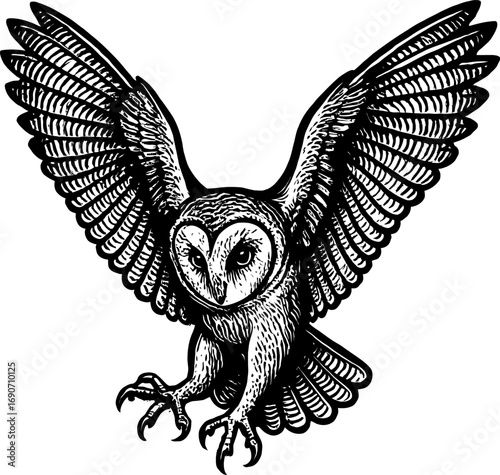 Detailed black and white illustration of an owl with wings spread, creating a dramatic focal point with intricate feather detailing, capturing the essence of nocturnal wildlife.
