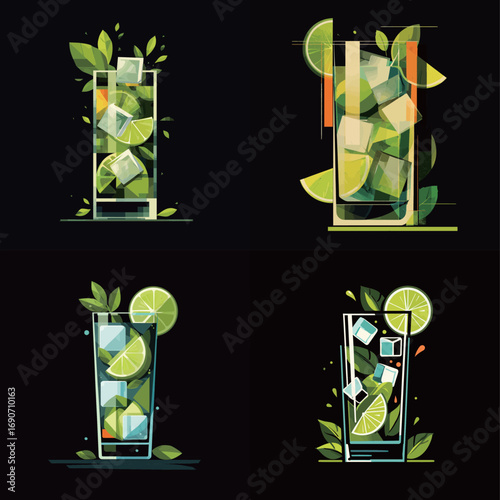 A collection of artistic representations depicting tall glasses filled with lime wedges, ice cubes, and mint leaves. These refreshing drinks showcase vibrant colors on a dark background.