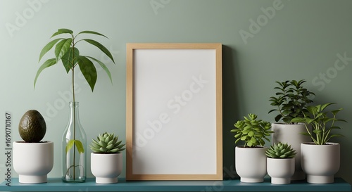 Modern Home Decor: Potted Plants and Blank Frame on Shelf png clear alpha channel cutout isolated on transparent background