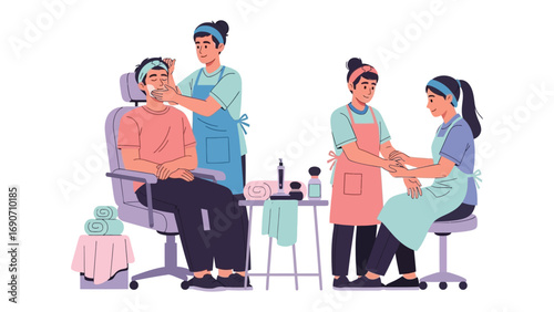 Diverse individuals receiving beauty treatments at a salon with a focus on facial care and manicures showcasing professional service and relaxation